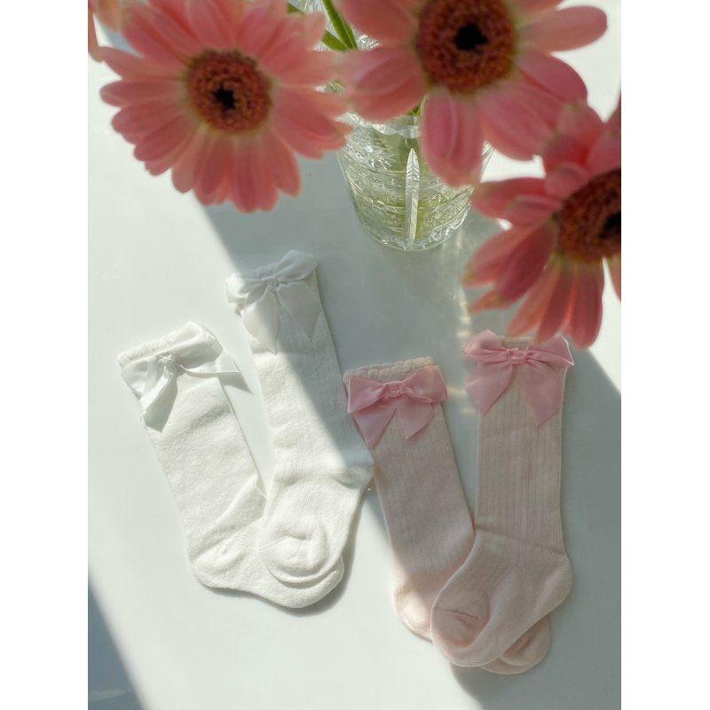 Podkolanówki z kokardką, w prążki róż  - 1