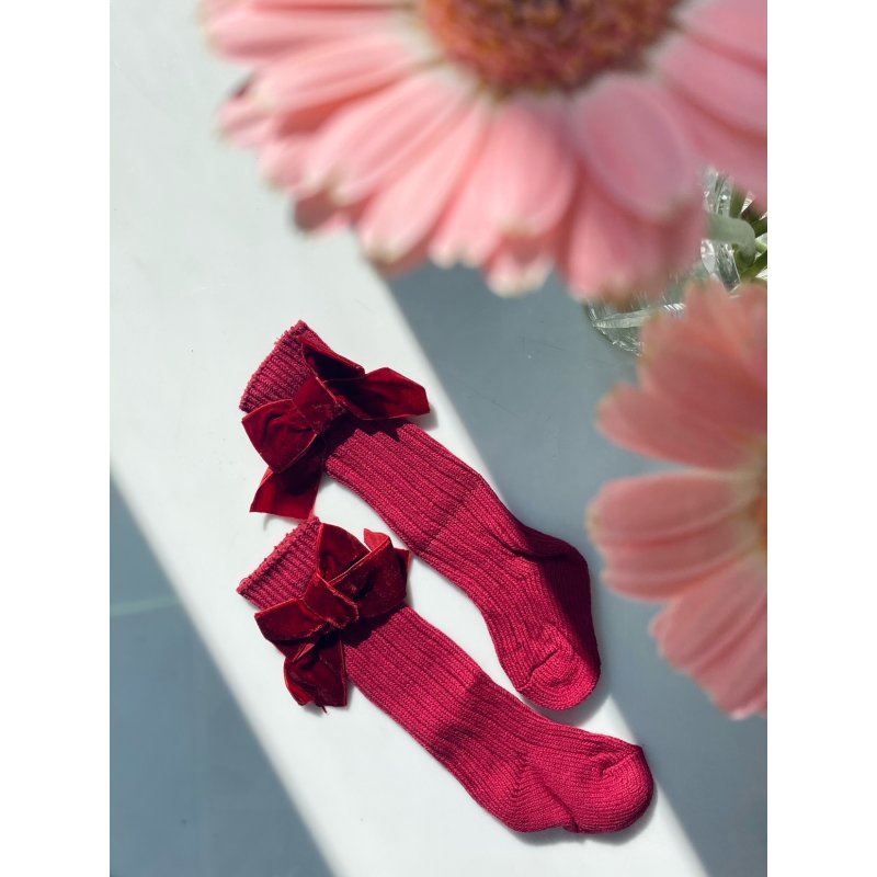 Podkolanówki z aksamitną kokardką bordo  - 1