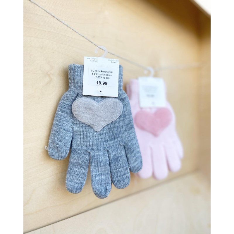 YOCLUB Rękawiczki dziecięce pięciopalczaste z sercem róż YO CLUB - 1