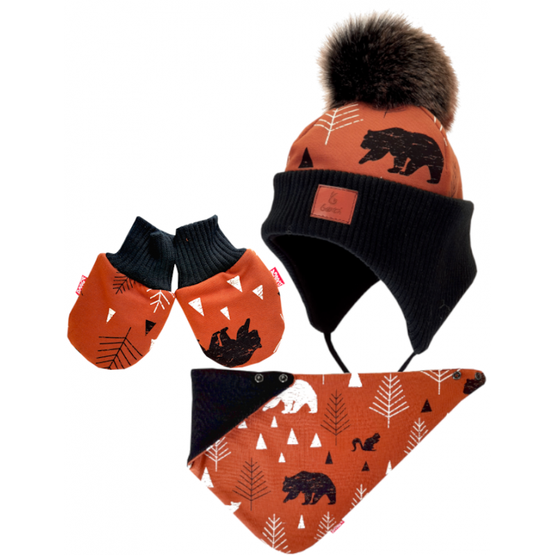 BEXA Komplet zimowy - brązowa czapka wiązana ze śliniakiem i łapkami BALTO Bexa - 1