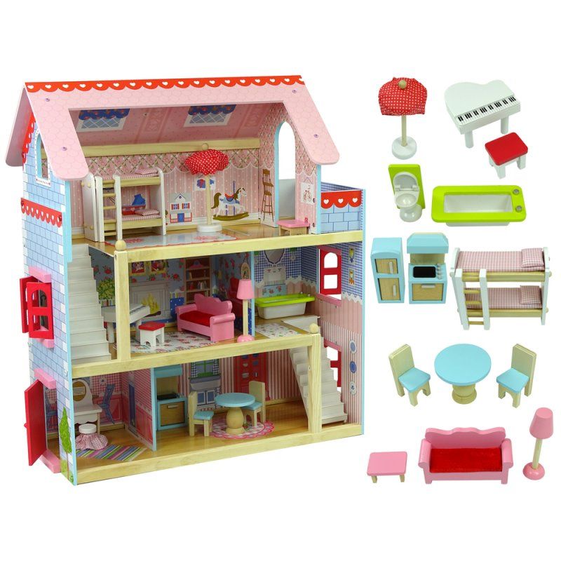 LEAN TOYS Domek Drewniany Marika Otwierane Okna Trzy Piętra Balkon Mebelki  - 1