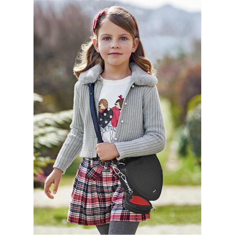 Mayoral Sweterek szary trykotowy z kołnierzem z futerkiem dla dziewczynki 4309 col. 40