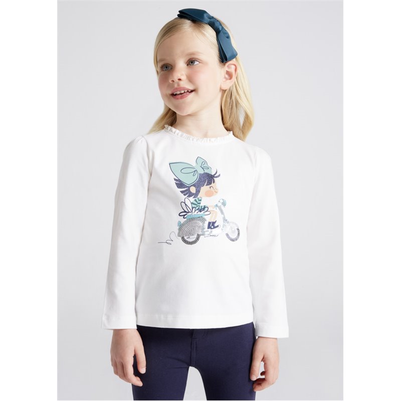 Mayoral Koszulka ecru z długim rękawem z grafiką dla dziewczynki ECOFRIENDS 4025 col. 52