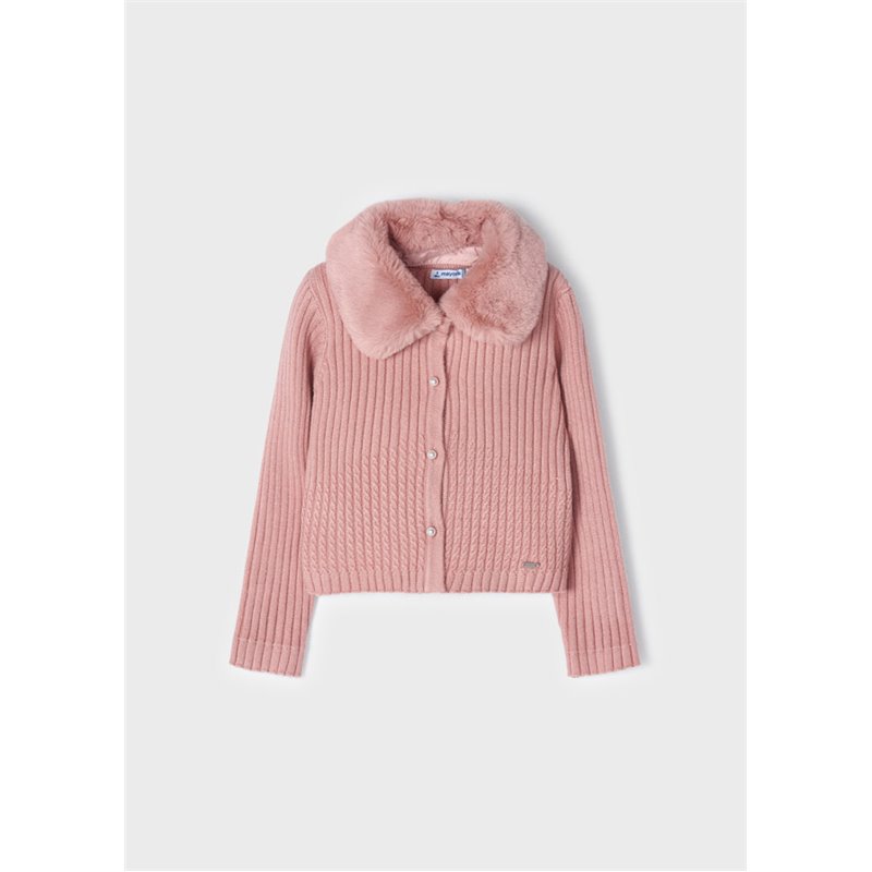 Mayoral Sweterek różowy trykotowy z kołnierzem z futerkiem dla dziewczynki 4309 col. 42