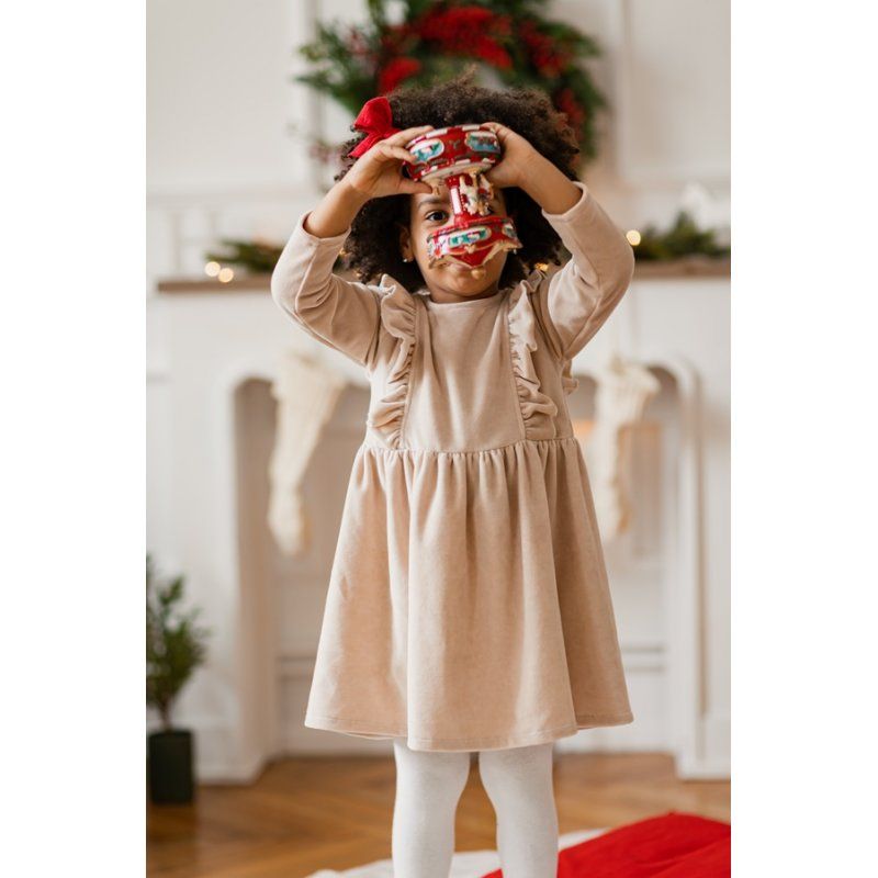 NITKI KIDS Sukienka dla dziewczynki welurowa Bella - BEŻ Nitki Kid's Fashion - 1