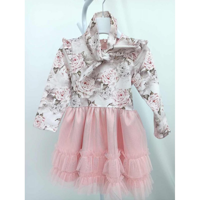Sukienka Rosa różowa w kwiaty z tiulowym dołem + opaska  - 3