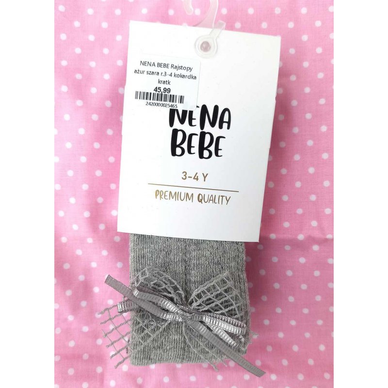 NENA BEBE Rajstopy szare ażurkowe z kratkowaną kokardką NENA BEBE - 3