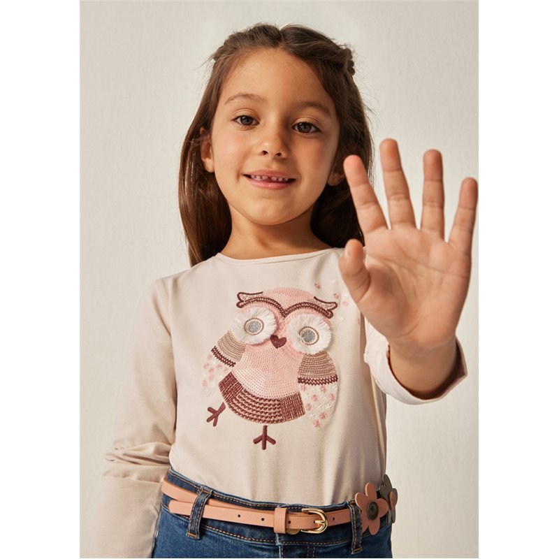 Mayoral Bawełniana koszulka z haftowaną różowo-beżową sową 4008 col.80 Mayoral - 1