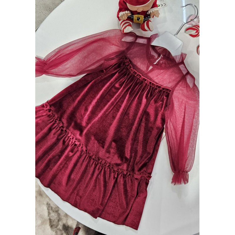 Sukienka Świąteczna bordowa aksamitna z tiulem  - 1