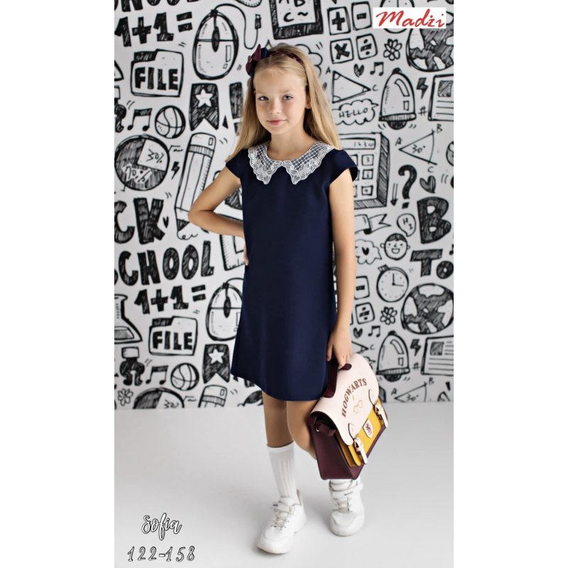 Madżi Sukienka granatowa z koronkowym kołnierzykiem Madżi - 1