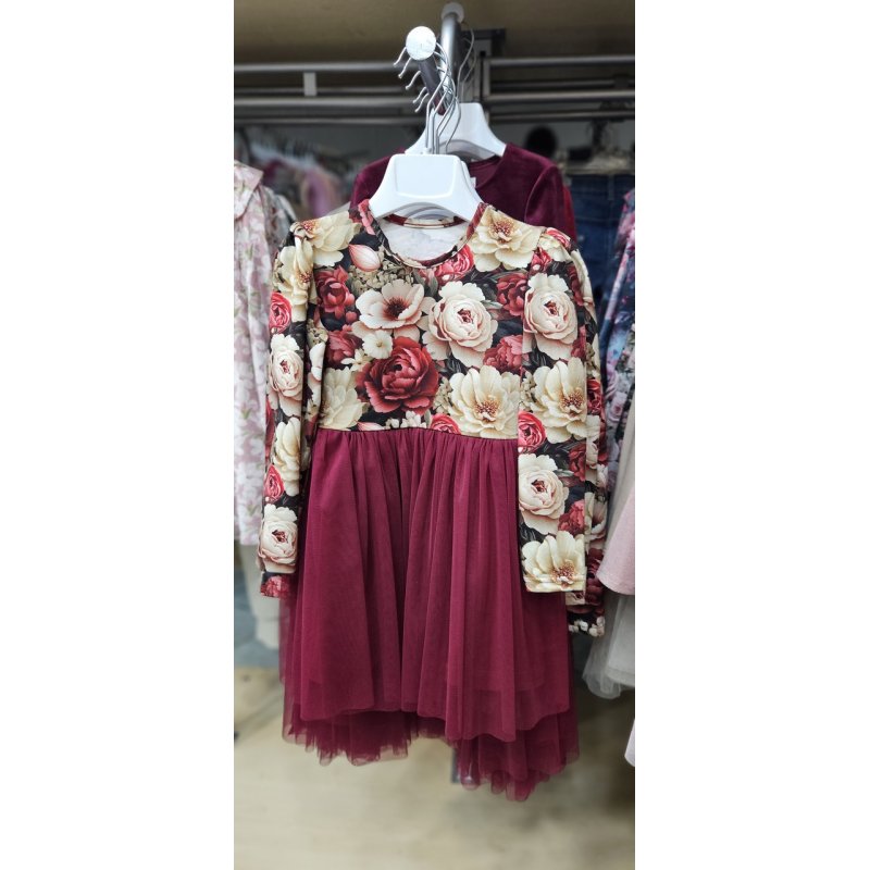 Bambarillo Sukienka bordowa w kwiaty z tiulowym dołem Bambarillo - 2