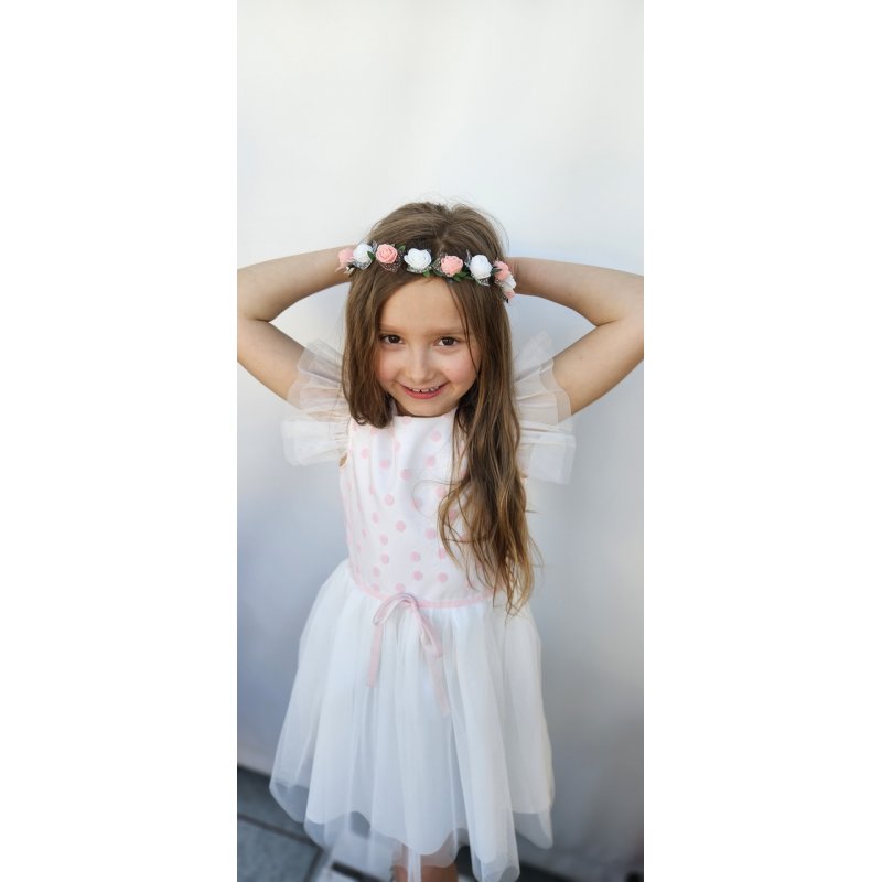 Sukienka wizytowa tiulowa w różowe groszki  - 1