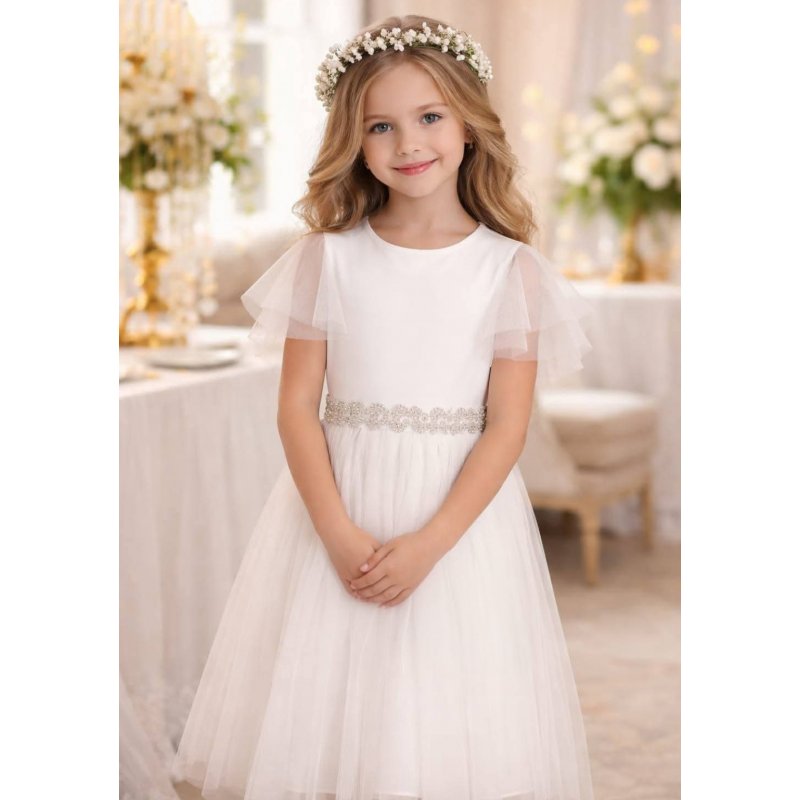 Sukienka wizytowa komunijna kremowa z tiulem i ozdobnym paskiem Anastazja  - 2