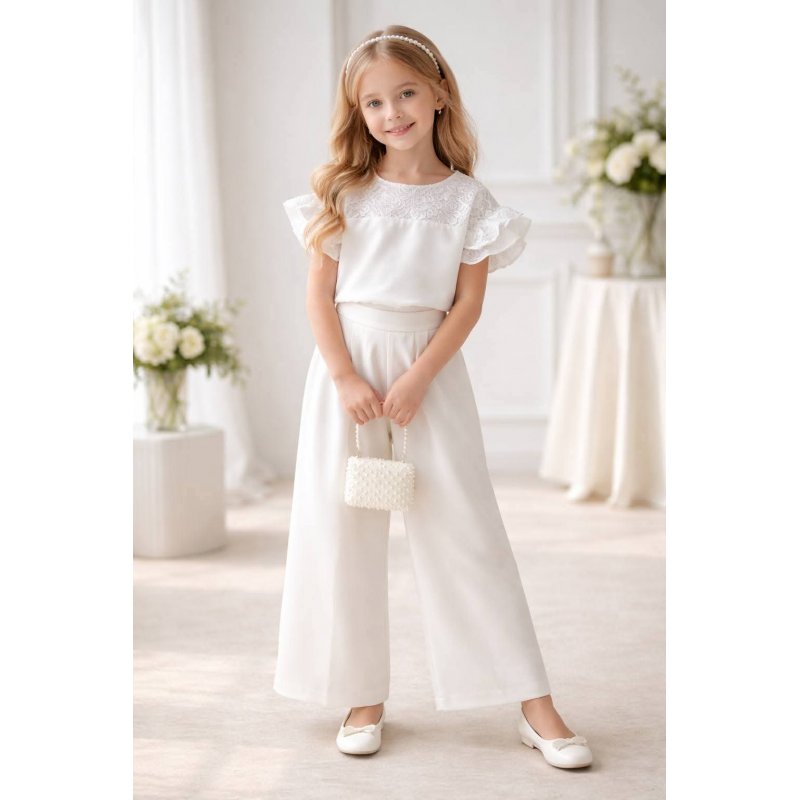 Komplet komunijny elegancki kremowy z koronką oraz falbankami Wiktoria  - 1