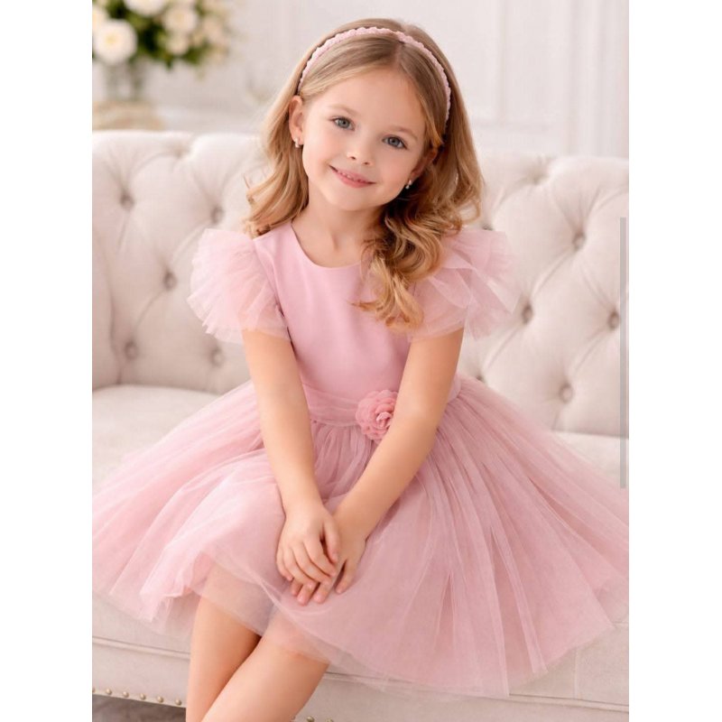 Sukienka wizytowa komunijna tiulowa różowa z ozdobnym paskiem z kwiatkiem Lilianna  - 1