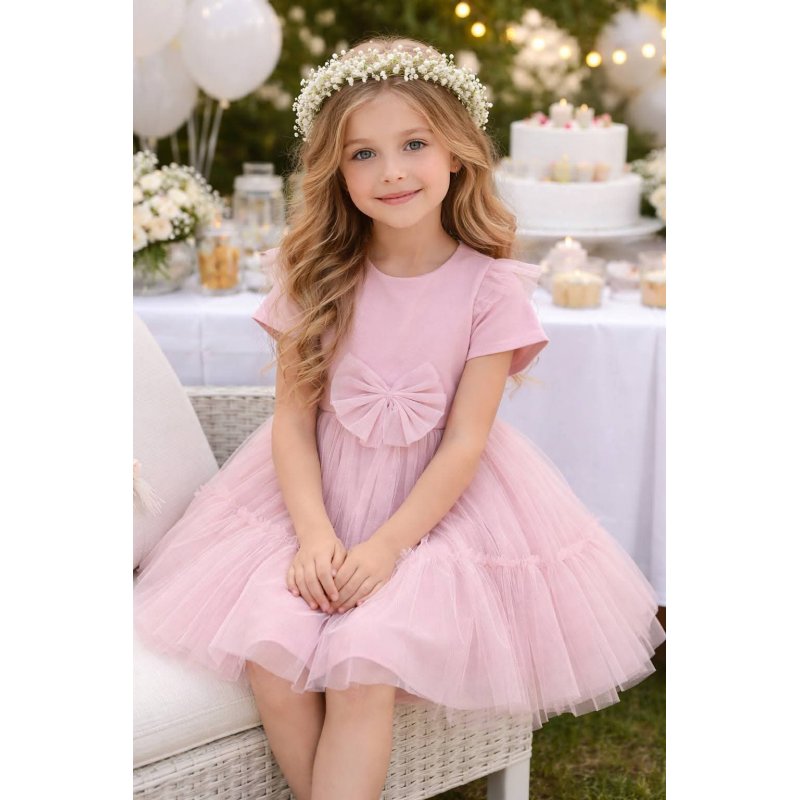 Sukienka wizytowa tiulowa różowa z ozdobną kokardką oraz tiulowym paskiem Estera  - 1