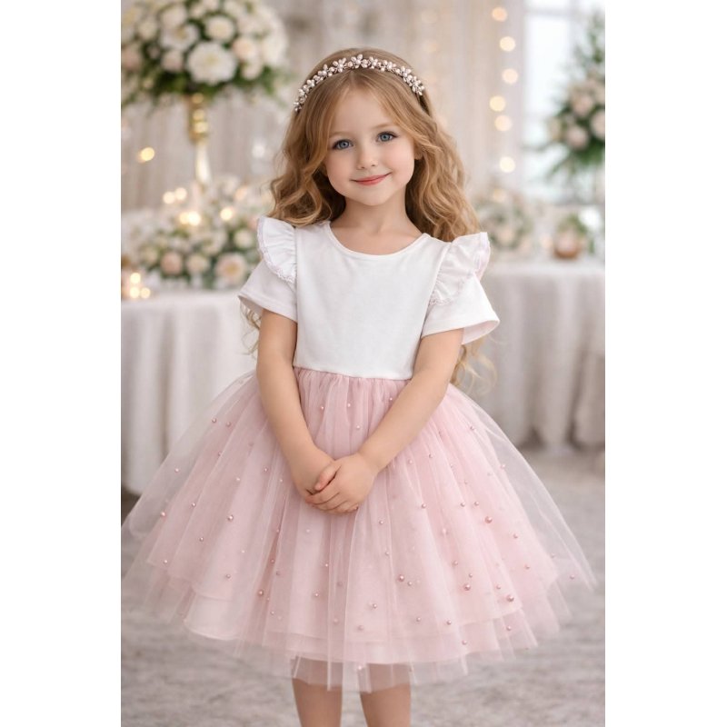 Sukienka wizytowa kremowo różowa z tiulem i perełkami Gaja  - 1