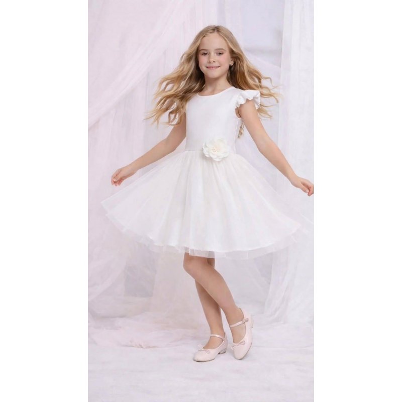 Sukienka wizytowa komunijna kremowa z tiulem i kwiatem Bianka  - 1